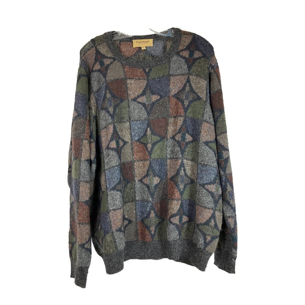 52 XXL Vintage Paul Stuart Handknit Quadrafoil Geometric Sweater Alpaca